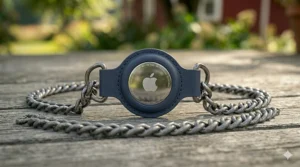 A critically detailed 4K photorealistic product presentation on the weathered wooden surface from image_8.png, with the blurred red barn background and soft natural light retained for context. Multiple navy blue silicone AirTag cat collar holders are presented in an engineered 'grid of four' display, showcasing the different compatible collar attachments. One holder is shown attached to a clean, navy blue nylon webbing strap. A second holder is shown next to an attachment for a thin leather collar (brown, 3/8"). A third holder is shown next to an attachment loop for a wide (1"), padded sport collar. The fourth holder is shown next to an attachment for a classic chain link collar. Detailed technical callouts are laser-etched directly to the wood surface: 'Flexible Attachment Tab (3/8" - 1" width range)', 'Reinforced AirTag Pocket with Seal', 'Secure-Snap Button Closure', 'Water-Resistant Silicone'. Small, complex serial number etchings are legible on all four AirTags. A small, photorealistic inset image shows a tabby cat wearing the complete assembly.