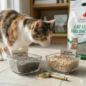 A visual comparison of traditional clay litter and modern pine pellets in two glass bowls to help Canadian owners differentiate litter textures.