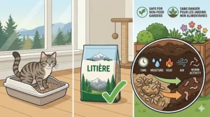 A 4K photorealistic photograph derived from image_14.png, showing the calico cat looking curiously into a gray litter box. The previously clean pellets have broken down into darker, soil-like compost, and the cat's paw makes contact with the varied textures. The familiar Canadian mountain background, the large 15kg bilingual bag, and the pinecone are present but slightly blurred, under natural light.