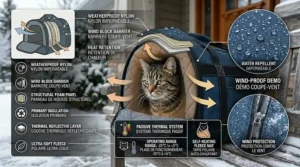 A content cat resting comfortably inside a warm, fleece-lined insulated cat carrier during a freezing Canadian winter.