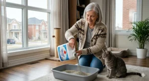 A clean, minimalist illustration showing a senior breathing easily while pouring dust-free lightweight cat litter for seniors in a modern apartment.