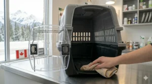 Illustration of a pet owner washing a disassembled hard sided cat carrier for nervous cats, highlighting easy cleanup for travel accidents.