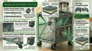 A step-by-step vector illustration showing the quick and compact folding mechanism of a heavy-duty rolling cat carrier, reducing it to an ultra-slim profile for easy storage in Canadian homes.