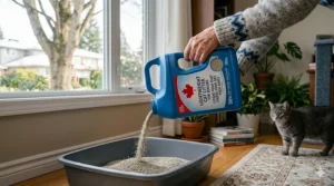 A close-up illustration of the "easy-pour" spout on a lightweight litter container, showing how it prevents spills for users with limited mobility.