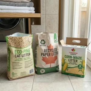 A display of various sustainable, non-clay litter options popular in Canada, like pine and corn, for owners looking to switch to eco-friendly types.