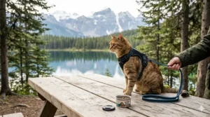 Bilingual English and French sizing chart measuring neck and chest girth for a snug, escape proof cat harness fit / guide des tailles.