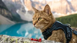 Calm domestic cat sitting safely on a park bench in Toronto while wearing a reflective, escape proof cat harness.