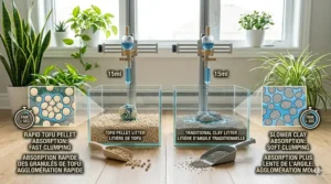 Alt text for image 7: Scientific comparison showing rapid tofu pellet absorption and fast clumping versus slower absorption in traditional clay litter.