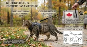 A cat taking its first cautious steps onto a Canadian backyard patio using an escape proof cat harness for walking beginners.