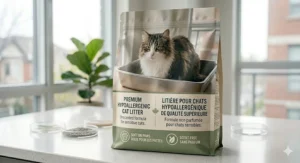 Close-up illustration of a cat’s paw on soft granules, focusing on gentle, unscented cat litter for sensitive cats with skin allergies.