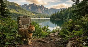 Photorealistic illustration of a cat on a wilderness trail with an overlaid digital interface displaying real-time tracking terrain lines and biotracking site metrics.