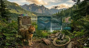 Advanced 4K illustration featuring a cat tracking device integrated into a regional data hub system, displaying migration maps, climate data feeds, and peripheral trail cam links.