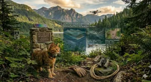 Comprehensive wilderness tracking illustration showing a cat wearing a GPS collar with an extensive blue topographic contour map grid overlay covering the Canadian valley landscape.