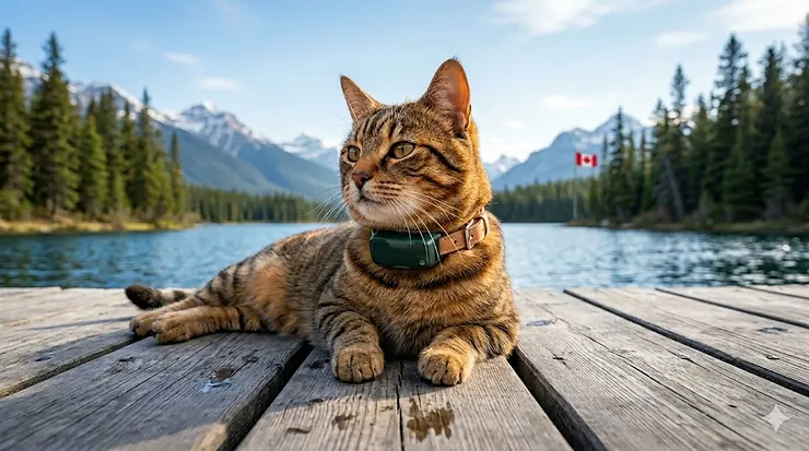 Detailed 4K scene of a domestic tabby cat wearing a green tracking collar next to hiking boots on a mountain trail overlooking a serene Canadian lake. GPS cat collar with real-time tracking