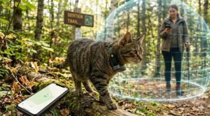 Illustration of a virtual geofence safe zone set up around a Canadian suburban home backyard, sending a mobile alert when a cat wearing a GPS tracking device leaves the area.