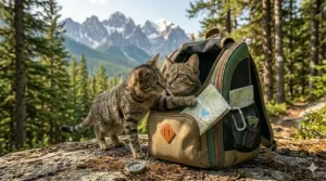 A vibrant autumn illustration of a cat backpack carrier on a hiking trail, with red and orange maple leaves surrounding the adventurer and cat, overlooking the BC coastal mountains.