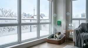 An illustration of a cozy Canadian home in winter, showing how unscented cat litter for sensitive cats keeps indoor air fresh without heavy perfumes.