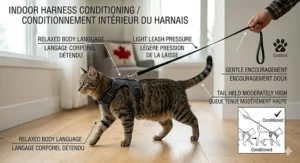 A cat walking confidently indoors wearing an escape proof cat harness for walking beginners to build outdoor readiness.