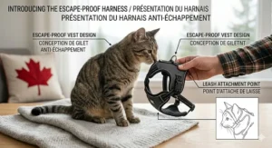 An owner gently introducing an escape proof cat harness for walking beginners to a curious cat in a Canadian home.