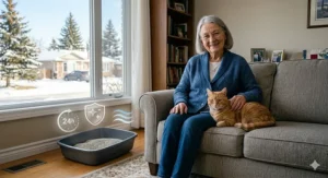 An illustration of a happy senior sitting with their cat near a litter box, with icons representing 24-hour odor neutralizers and freshness.