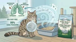 A clean vector infographic illustrating the 99% dust-free and respiratory health benefits of pine pellet litter for the Canadian market, with stylized healthy lung icons (labeled 'SANTÉ RESPIRATOIRE') positioned above the tabby cat from `image_0.png`.