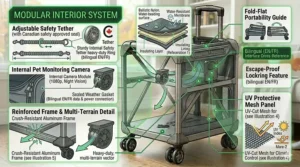 An illustrated guide detailing the internal pet monitoring camera, removable fleece comfort bedding, and adjustable safety tether of a premium rolling cat carrier for heavy cats.