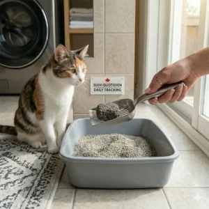 A calico cat watches as a human uses a metal scoop to remove a clumping sample, demonstrating how to monitor cat health after switching litter types.