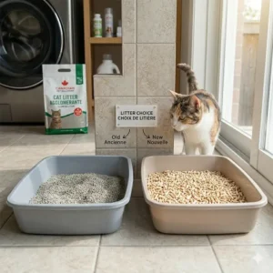 A multi-cat litter setup with two separate boxes, illustrating how to switch cat litter types in a Canadian utility room without causing stress.