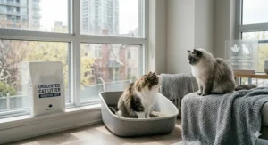 An illustration of two cats sharing a space, highlighting the effectiveness of unscented cat litter for sensitive cats in high-traffic areas.