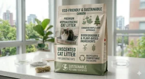 An eco-friendly illustration featuring a maple leaf and biodegradable materials for unscented cat litter for sensitive cats.