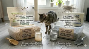 Alt text for image 3: Comparison of tracking patterns showing minimal scatter with tofu pellets versus extensive scatter with traditional clay granules.