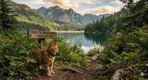 High-detail image of a cat wearing a GPS tracker collar standing next to a stone wilderness restoration plaque with a vast coniferous forest and mountain lake in background.