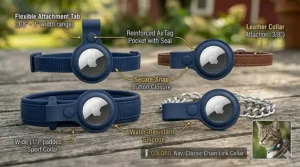 A photorealistic 4K graphic illustration derived from image_6.png, reimagined into a detailed technical installation guide on a premium, clean birch wood display surface. Two items are on the wood: the full navy blue collar and holder assembly (as seen in image_6.png) and the individual silicone holder unit. They are labeled with clean, technical fonts and arrows. The text clearly reads: 'INSTALLATION GUIDE: AIRTAG CAT COLLAR HOLDER'. Key labels include: '1. Select Collar (Width: 10-15mm)', '2. Align Silicone Attachment Loop', '3. Slide Holder onto Collar', '4. Insert AirTag (Logo Side Up)', '5. Snap Secure-Snap Button', '6. Adjust Collar Fit', 'Detail: Silicone AirTag Pocket (Water-Resistant Seal)'. The individual holder is shown in a cross-section views detailing the snap and pocket. The final detail from image_7.png, the stylized cat portrait inset, is retained in the lower right corner, showing a cat wearing the final assembly with the same detailed AirTag, but the illustration text is removed from it.