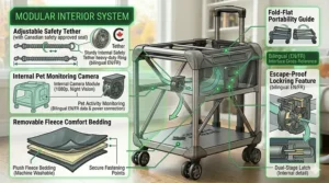 An airflow simulation graphic demonstrating ventilation paths and rear exhaust vents with insect mesh on a rolling cat carrier for heavy cats.