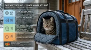 A bilingual English and French infographic showing safe Celsius temperatures for traveling with an insulated cat carrier in Canada.