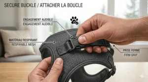 A close-up showing how to secure the buckles of an escape proof cat harness for walking beginners on a calm feline.