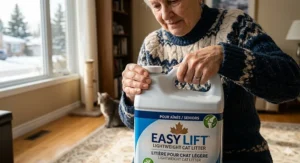 An illustration of a senior’s hands comfortably carrying a handle-equipped jug of lightweight cat litter, emphasizing ease of use for arthritis relief.
