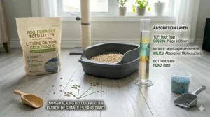Alt text for image 4: High-detail diagram of multi-layer absorption and non-tracking pellet patterns for tofu cat litter compared to traditional options.