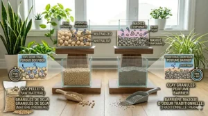 Alt text for image 9: Infographic demonstrating how tofu litter neutralizes odor molecules versus the temporary scent masking of traditional clay litter.