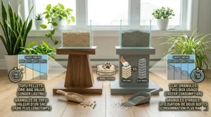 Alt text for image 8: Timeline illustration showing one bag of tofu litter lasting longer than two boxes of traditional clay litter over a one-month period.