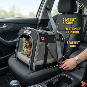 A 4K photorealistic close-up illustration of the black airline approved cat carrier with a cat inside, being guided by a hand under an airplane cabin seat. Green checkmark graphic and text labels confirm successful under-seat fit.