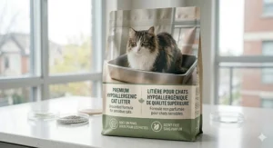 A graphic of cat litter packaging with English and French text, emphasizing "unscented" and "non parfumé" for the Canadian market.