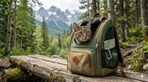 A modern pet owner walks onto a Toronto subway train while wearing a black urban cat backpack carrier, allowing their cat to watch the busy city commute.