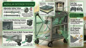 Technical diagram showing the water-beading material surface and UV protective mesh panels on a rugged rolling cat carrier for heavy cats under changing weather conditions.