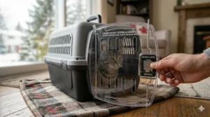 Product diagram showing maximum ventilation slots on a hard sided cat carrier for nervous cats to keep felines cool and calm.