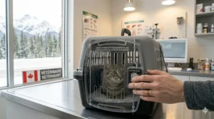 Comparison illustration showing how a sturdy hard sided cat carrier for nervous cats reduces anxiety during Canadian veterinary checkups.