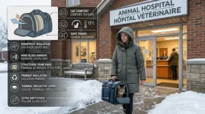 A pet owner carrying an insulated cat carrier for Canadian winter into a veterinary clinic during a snowstorm.
