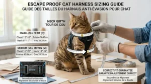 Graphic illustrating the breathable mesh lining and water-resistant nylon shell of a Canadian winter-ready escape proof cat harness.
