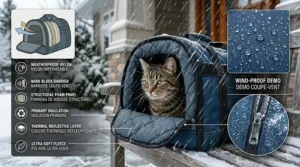 An illustration demonstrating the windproof and waterproof exterior of an insulated cat carrier during a harsh Canadian winter storm.