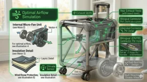 A technical cutaway illustration showing the multi-layered insulation and wind-resistant outer fabric of a durable rolling cat carrier for heavy cats, designed for Canadian cold weather transit.